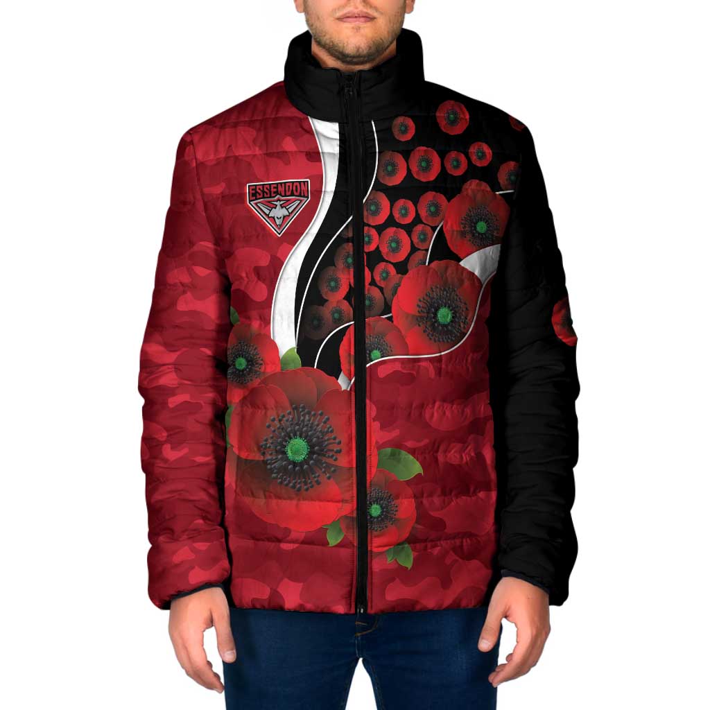 Essendon Bombers ANZAC Personalised Padded Jacket Lest We Forget Poppy Camo
