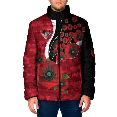 Essendon Bombers ANZAC Personalised Padded Jacket Lest We Forget Poppy Camo