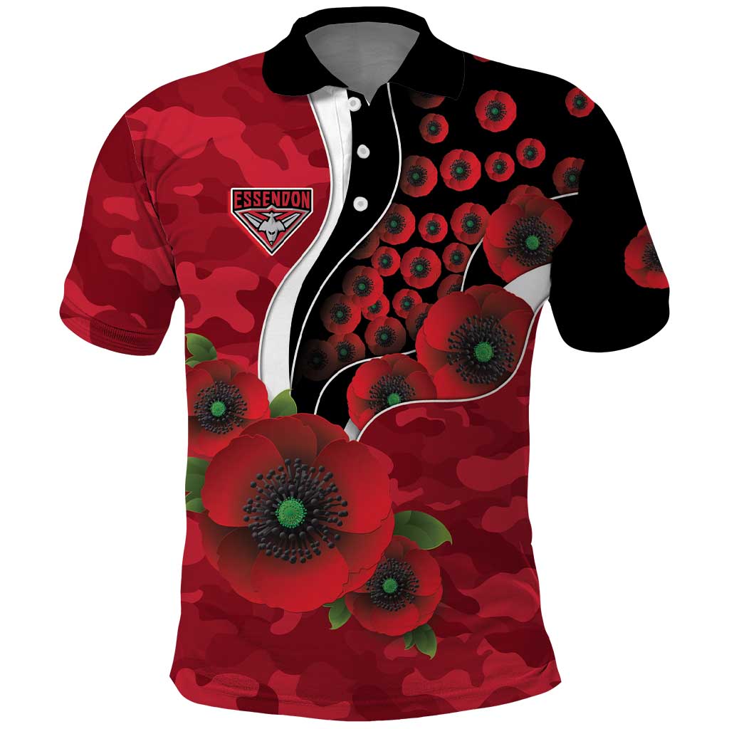 Essendon Bombers ANZAC Personalised Polo Shirt Lest We Forget Poppy Camo