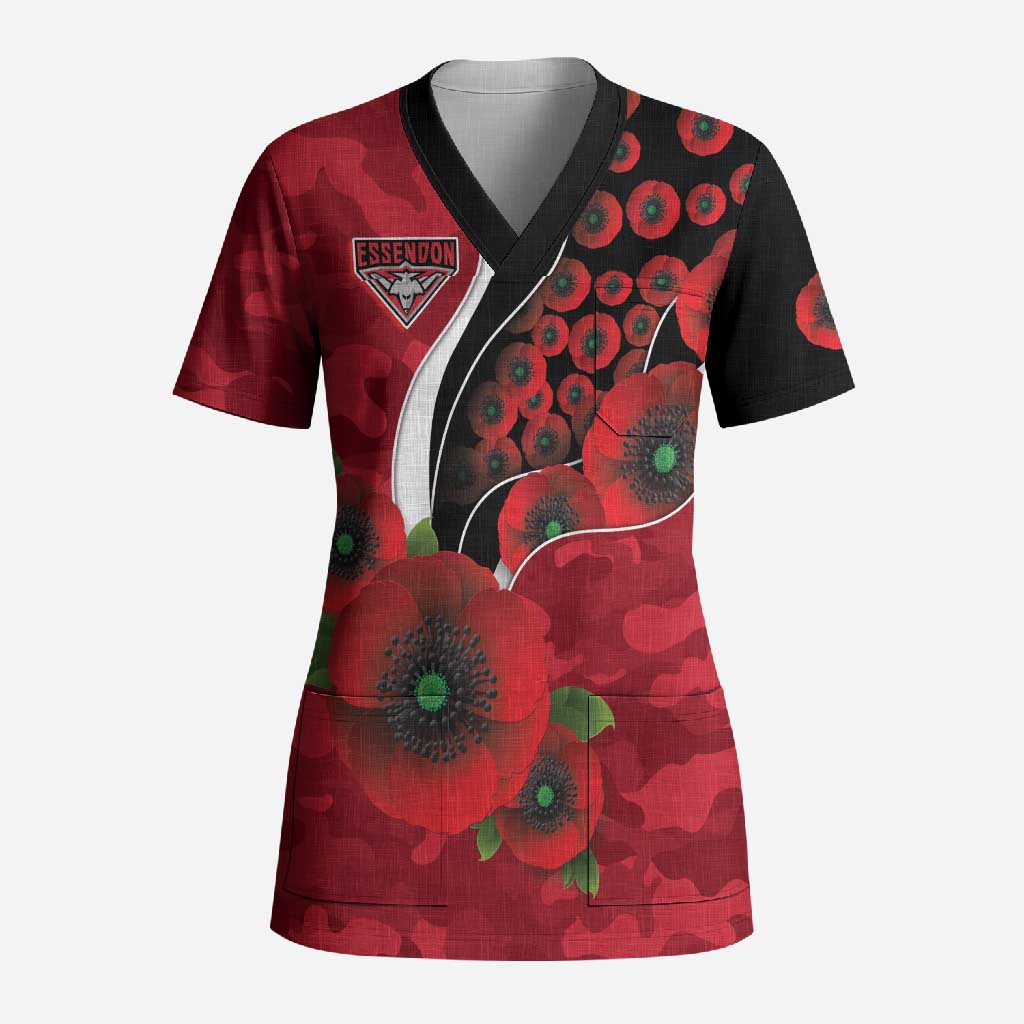 Essendon Bombers ANZAC Personalised Scrub Top Lest We Forget Poppy Camo