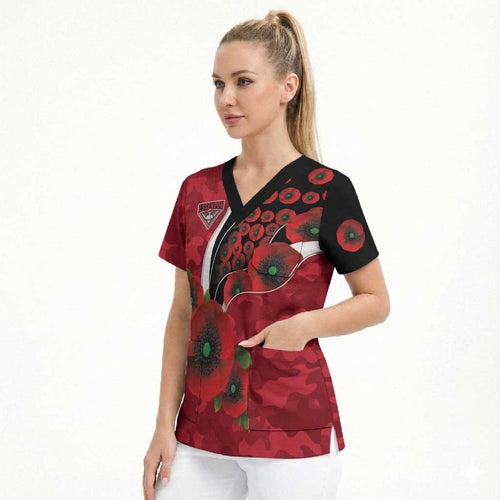 Essendon Bombers ANZAC Personalised Scrub Top Lest We Forget Poppy Camo