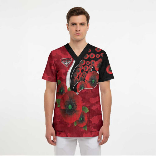 Essendon Bombers ANZAC Personalised Scrub Top Lest We Forget Poppy Camo