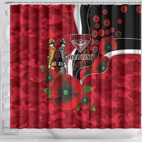 Essendon Bombers ANZAC Personalised Shower Curtain Lest We Forget Poppy Camo