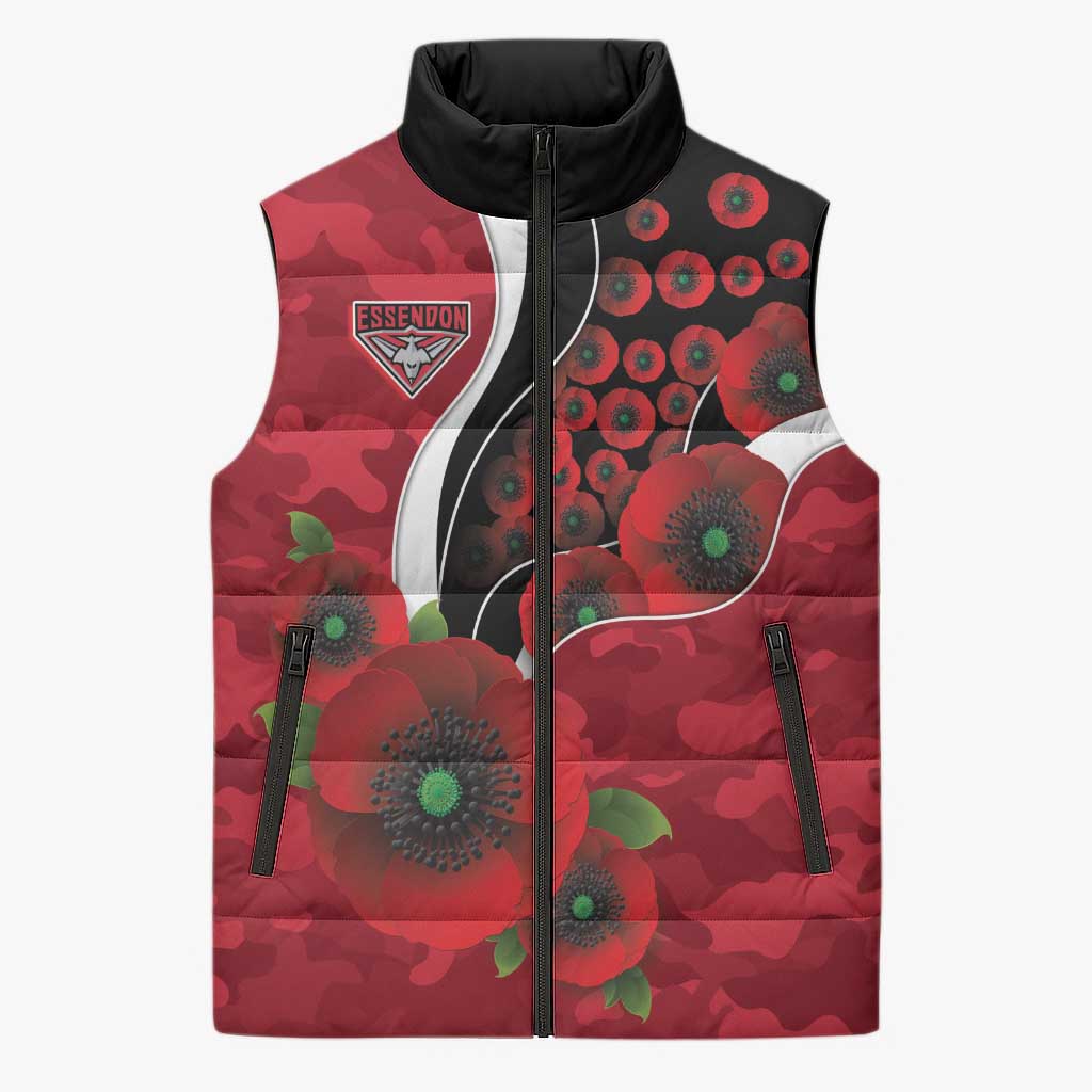 Essendon Bombers ANZAC Personalised Sleeveless Puffer Jacket Lest We Forget Poppy Camo