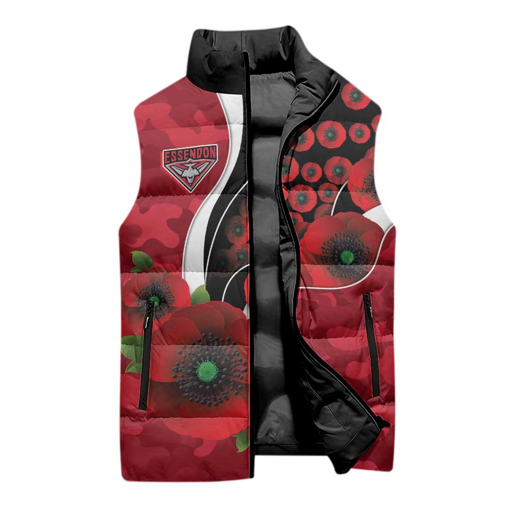 Essendon Bombers ANZAC Personalised Sleeveless Puffer Jacket Lest We Forget Poppy Camo