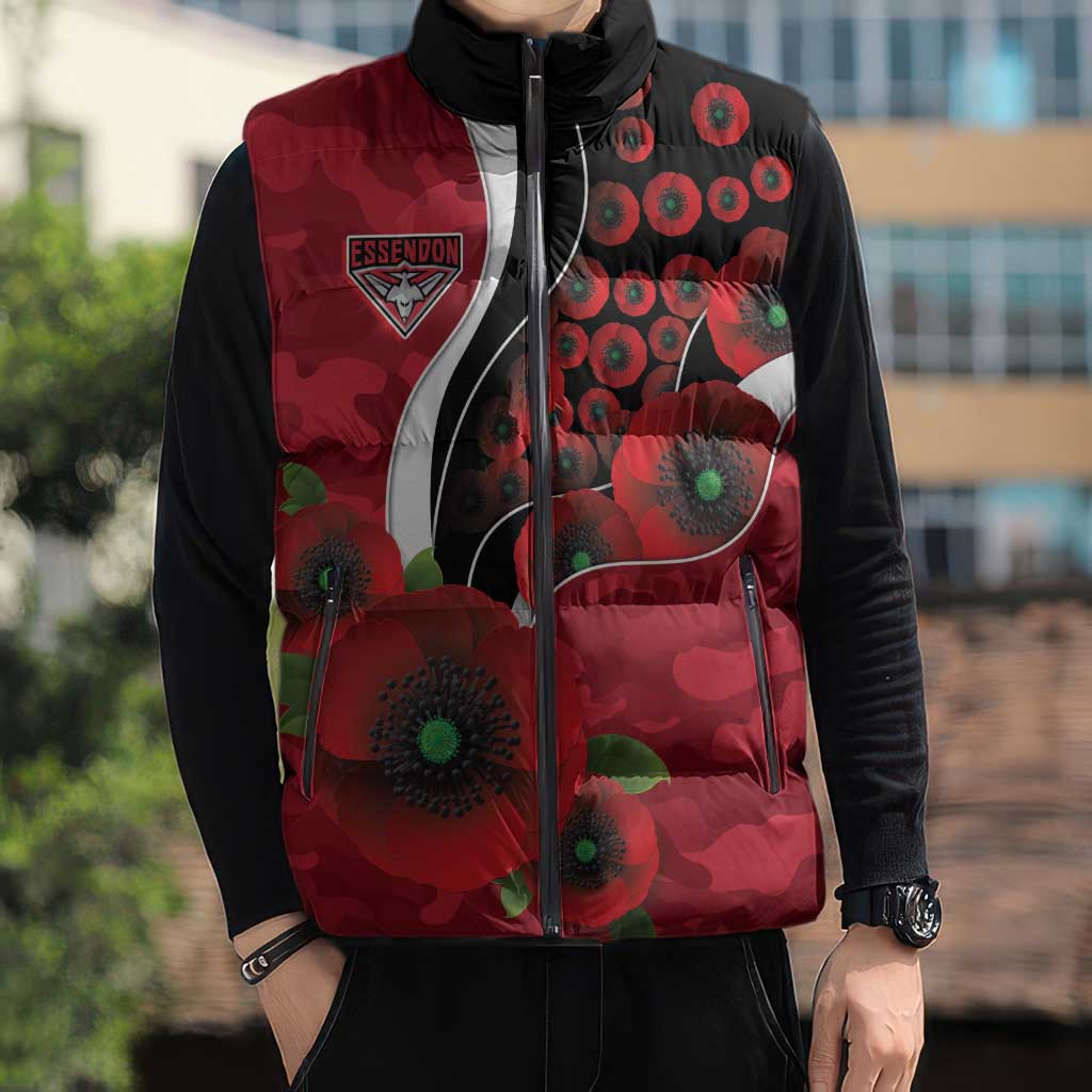 Essendon Bombers ANZAC Personalised Sleeveless Puffer Jacket Lest We Forget Poppy Camo
