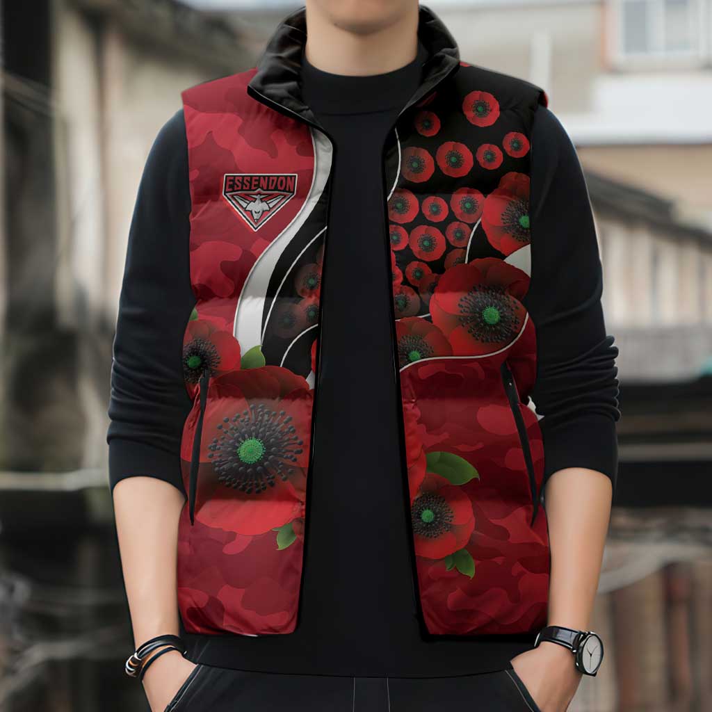Essendon Bombers ANZAC Personalised Sleeveless Puffer Jacket Lest We Forget Poppy Camo