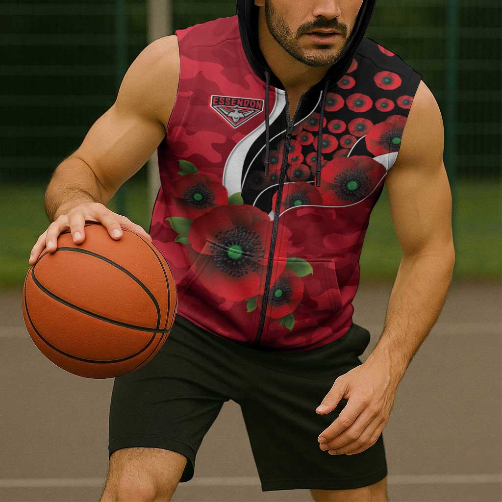 Essendon Bombers ANZAC Personalised Sleeveless Zip Hoodie Lest We Forget Poppy Camo