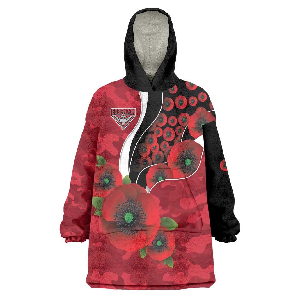 Essendon Bombers ANZAC Personalised Wearable Blanket Hoodie Lest We Forget Poppy Camo