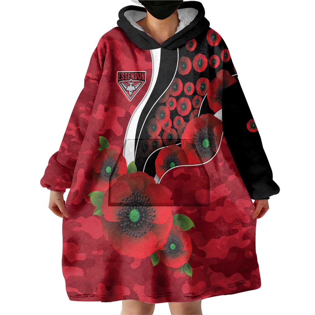 Essendon Bombers ANZAC Personalised Wearable Blanket Hoodie Lest We Forget Poppy Camo