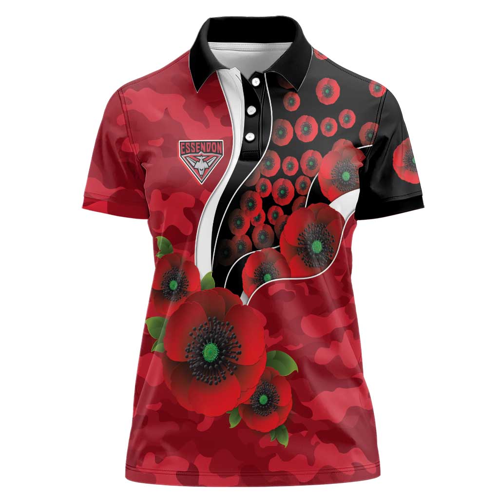 Essendon Bombers ANZAC Personalised Women Polo Shirt Lest We Forget Poppy Camo