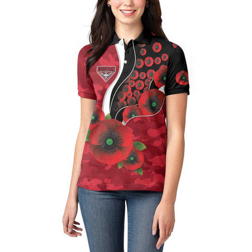 Essendon Bombers ANZAC Personalised Women Polo Shirt Lest We Forget Poppy Camo