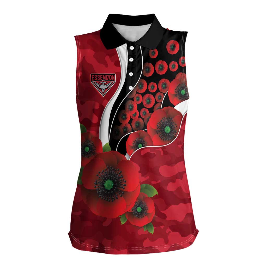 Essendon Bombers ANZAC Personalised Women Sleeveless Polo Shirt Lest We Forget Poppy Camo