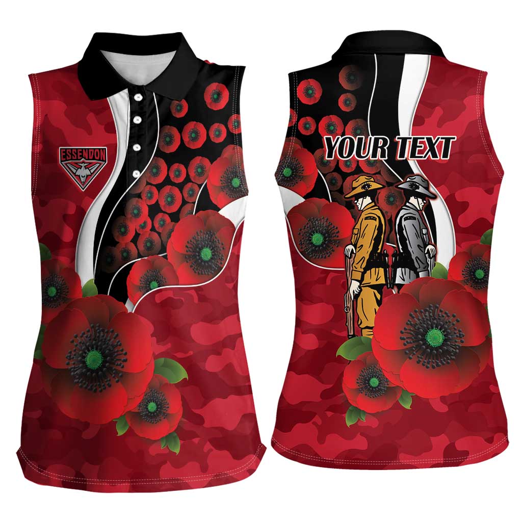 Essendon Bombers ANZAC Personalised Women Sleeveless Polo Shirt Lest We Forget Poppy Camo