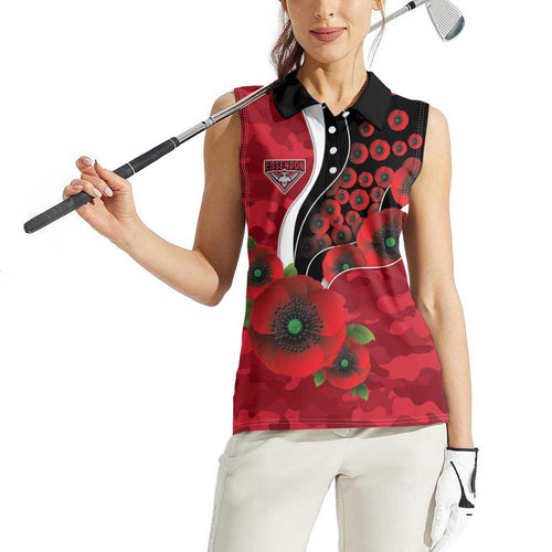 Essendon Bombers ANZAC Personalised Women Sleeveless Polo Shirt Lest We Forget Poppy Camo