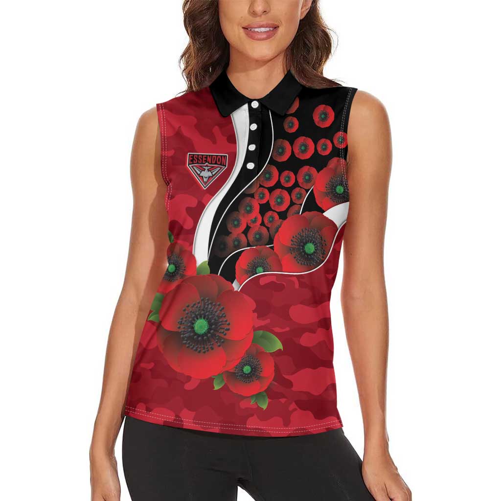 Essendon Bombers ANZAC Personalised Women Sleeveless Polo Shirt Lest We Forget Poppy Camo