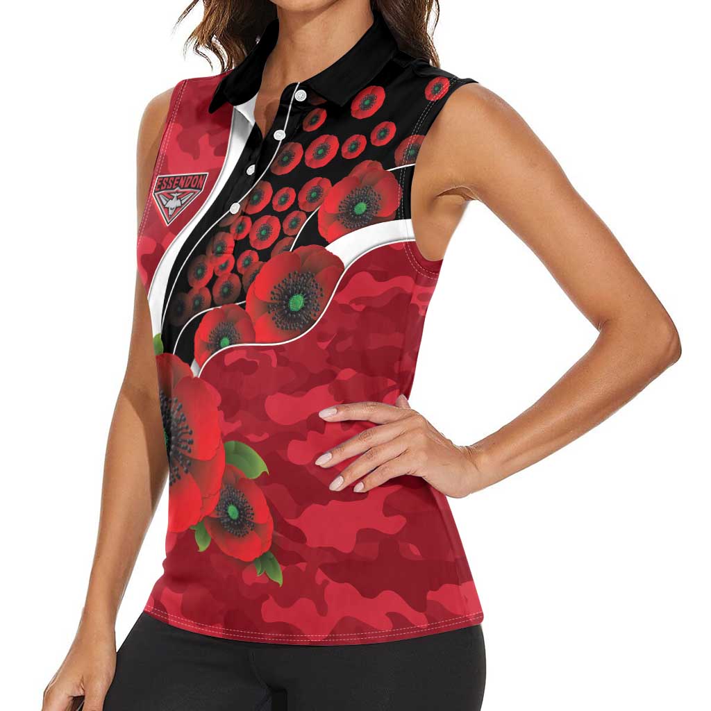 Essendon Bombers ANZAC Personalised Women Sleeveless Polo Shirt Lest We Forget Poppy Camo