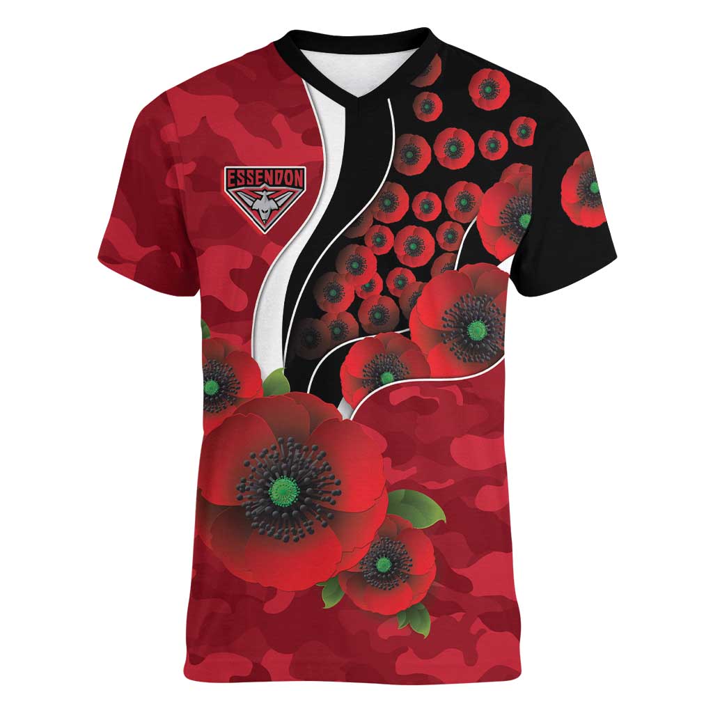 Essendon Bombers ANZAC Personalised Women V-Neck T-Shirt Lest We Forget Poppy Camo