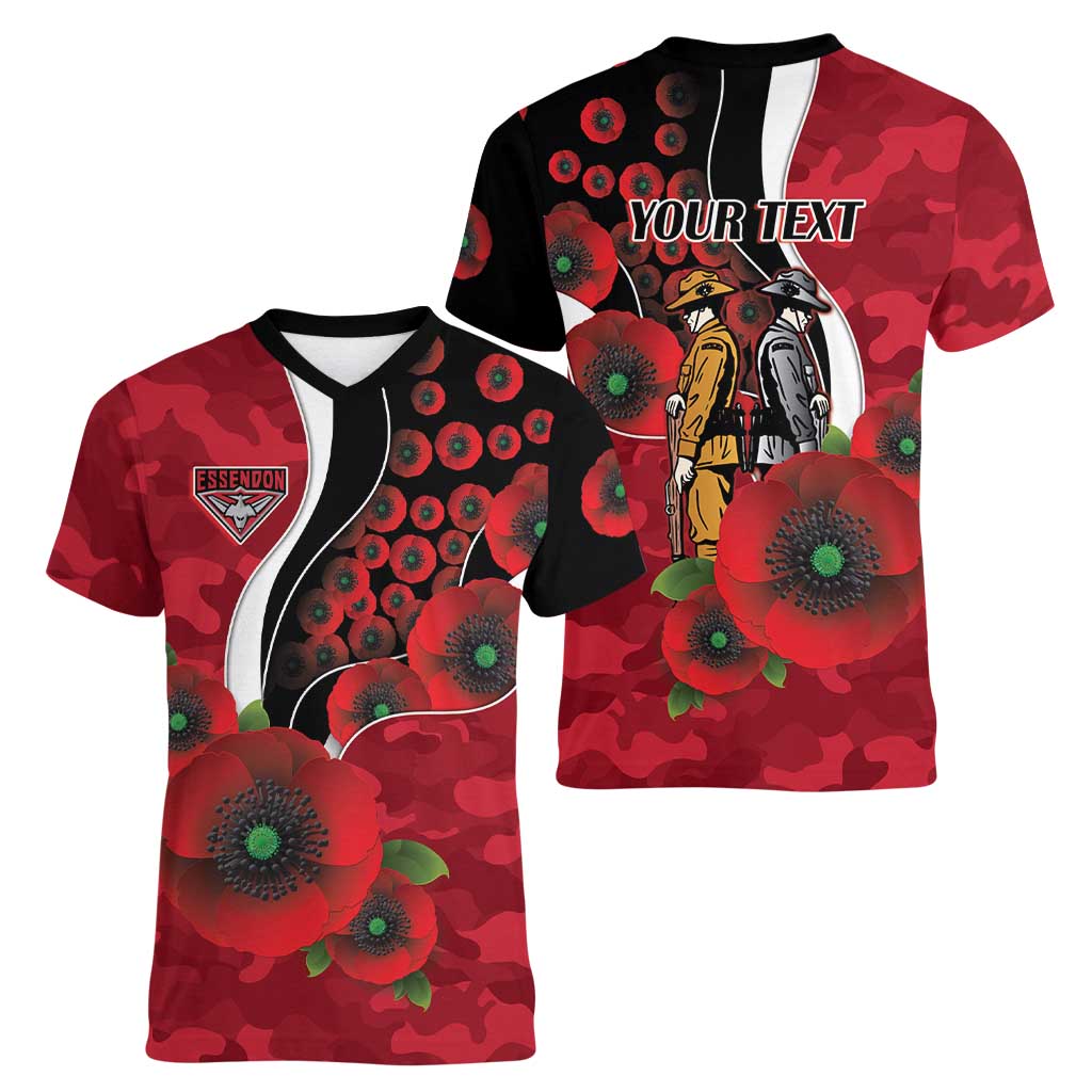 Essendon Bombers ANZAC Personalised Women V-Neck T-Shirt Lest We Forget Poppy Camo