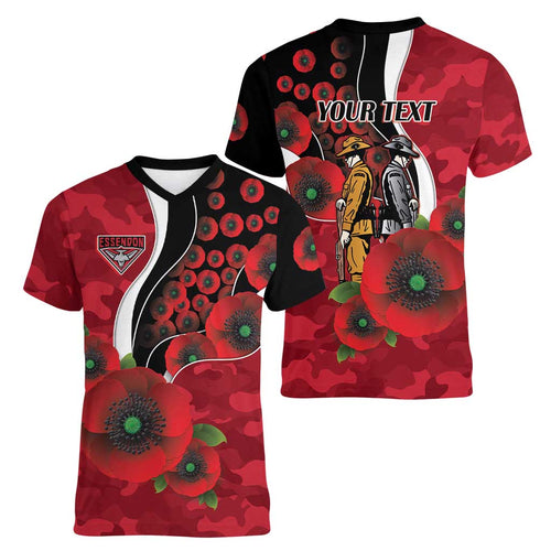 Essendon Bombers ANZAC Personalised Women V-Neck T-Shirt Lest We Forget Poppy Camo