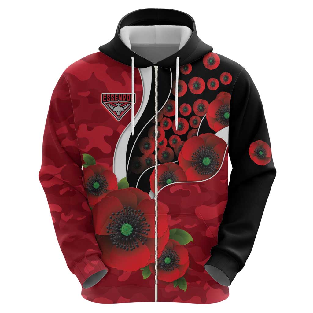 Essendon Bombers ANZAC Personalised Zip Hoodie Lest We Forget Poppy Camo