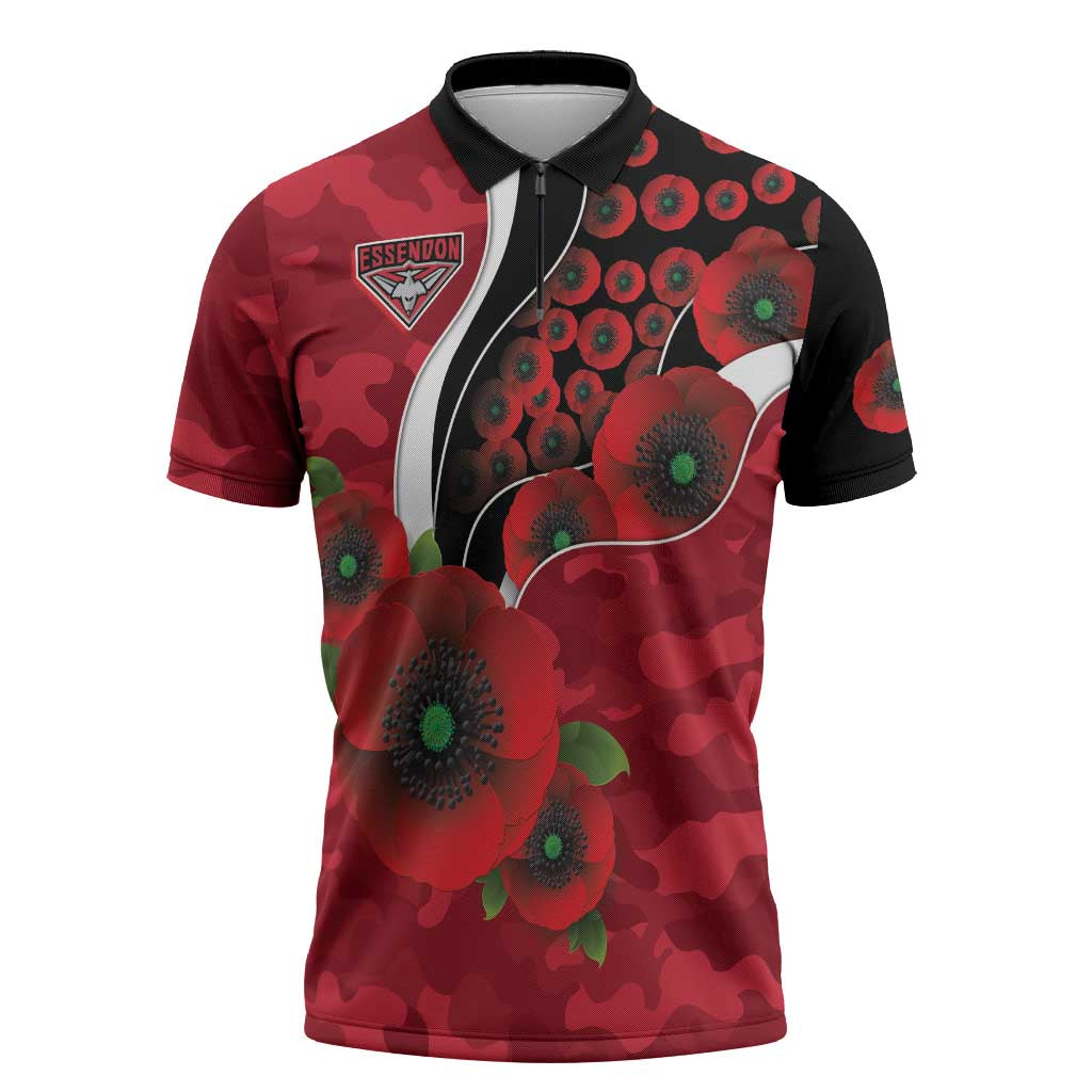 Essendon Bombers ANZAC Personalised Zipper Polo Shirt Lest We Forget Poppy Camo