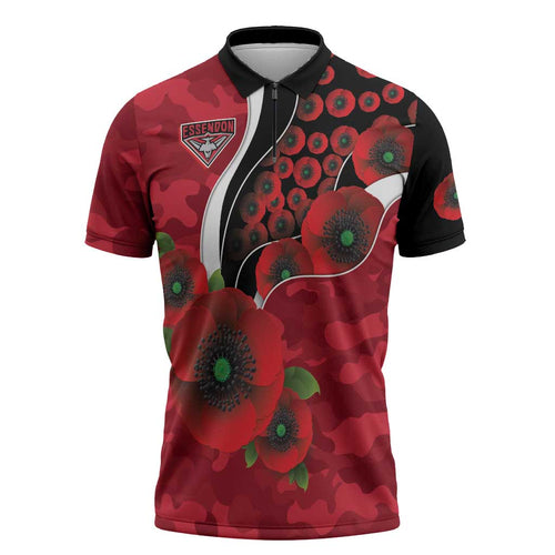 Essendon Bombers ANZAC Personalised Zipper Polo Shirt Lest We Forget Poppy Camo