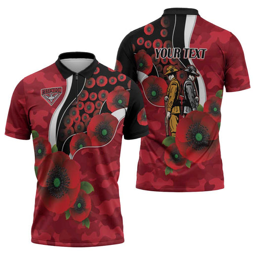 Essendon Bombers ANZAC Personalised Zipper Polo Shirt Lest We Forget Poppy Camo