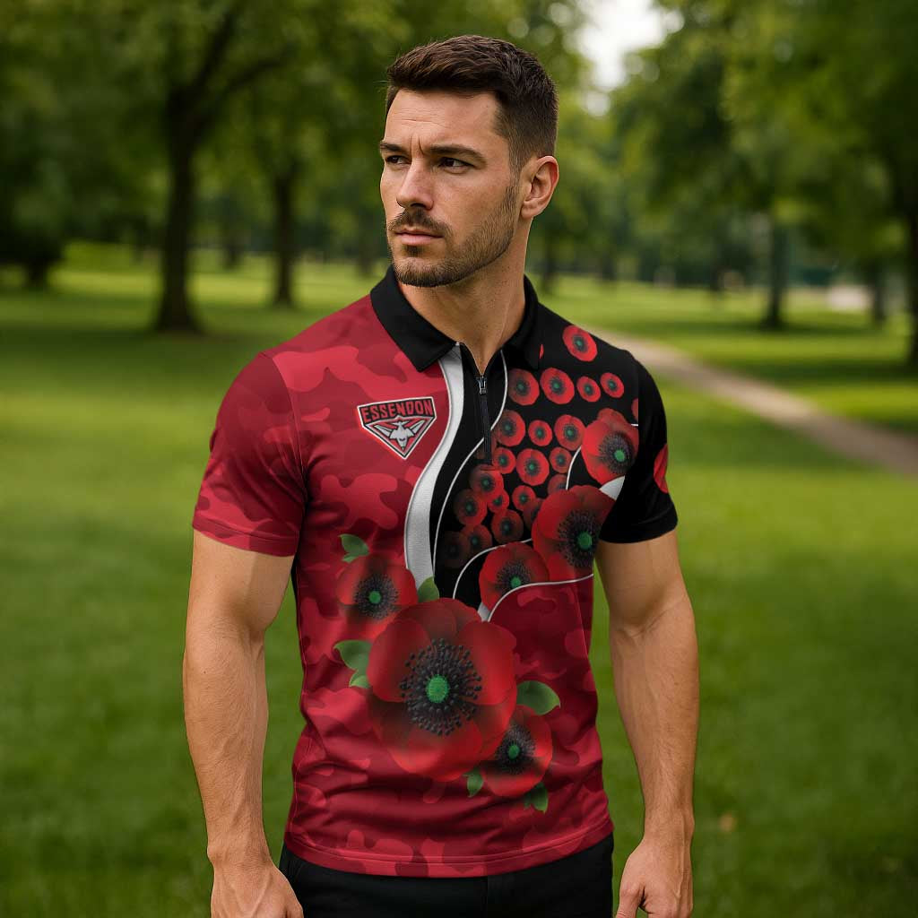 Essendon Bombers ANZAC Personalised Zipper Polo Shirt Lest We Forget Poppy Camo