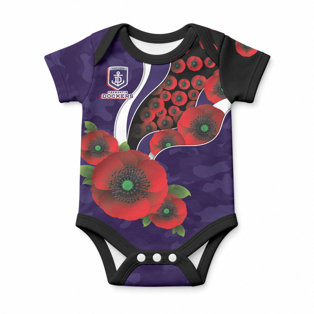 Fremantle Dockers ANZAC Personalised Baby Onesie Lest We Forget Poppy Camo