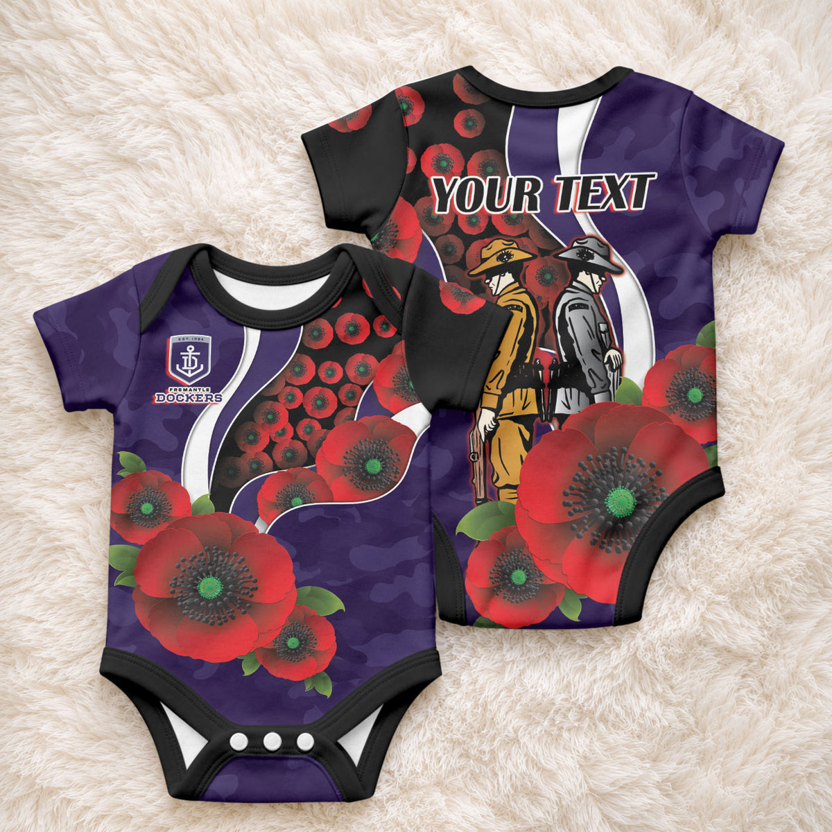 Fremantle Dockers ANZAC Personalised Baby Onesie Lest We Forget Poppy Camo