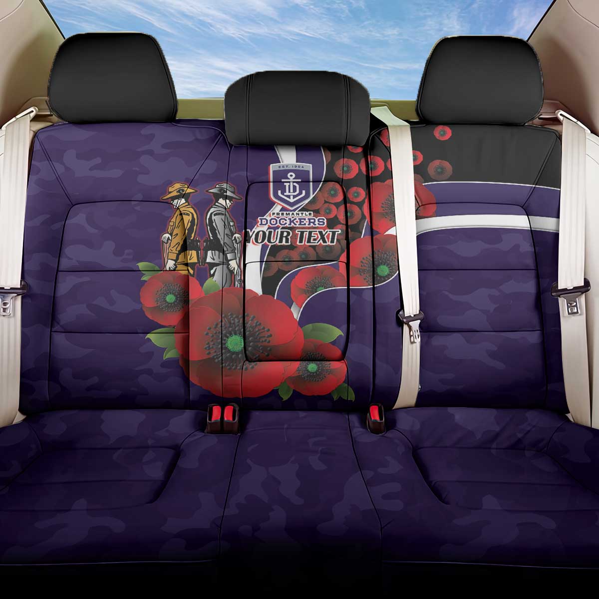Fremantle Dockers ANZAC Personalised Back Car Seat Cover Lest We Forget Poppy Camo