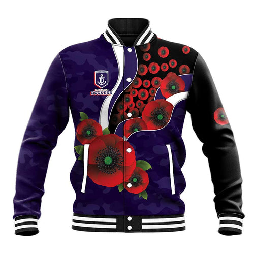 Fremantle Dockers ANZAC Personalised Baseball Jacket Lest We Forget Poppy Camo