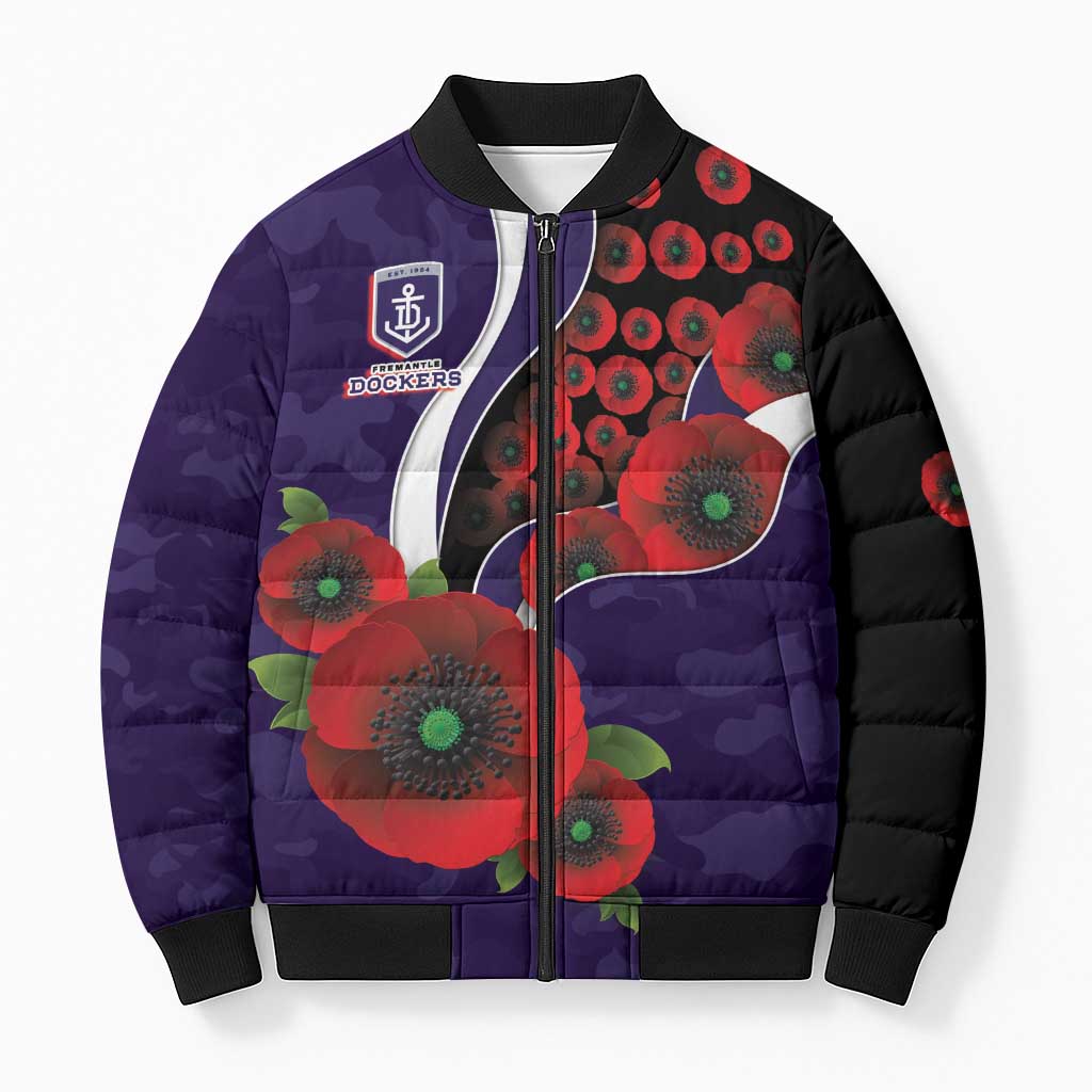 Fremantle Dockers ANZAC Personalised Bomber Puffer Jacket Lest We Forget Poppy Camo