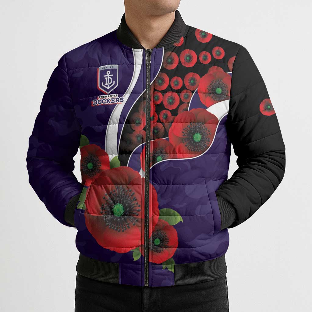 Fremantle Dockers ANZAC Personalised Bomber Puffer Jacket Lest We Forget Poppy Camo