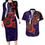 Fremantle Dockers ANZAC Personalised Couples Matching Long Sleeve Bodycon Dress and Hawaiian Shirt Lest We Forget Poppy Camo