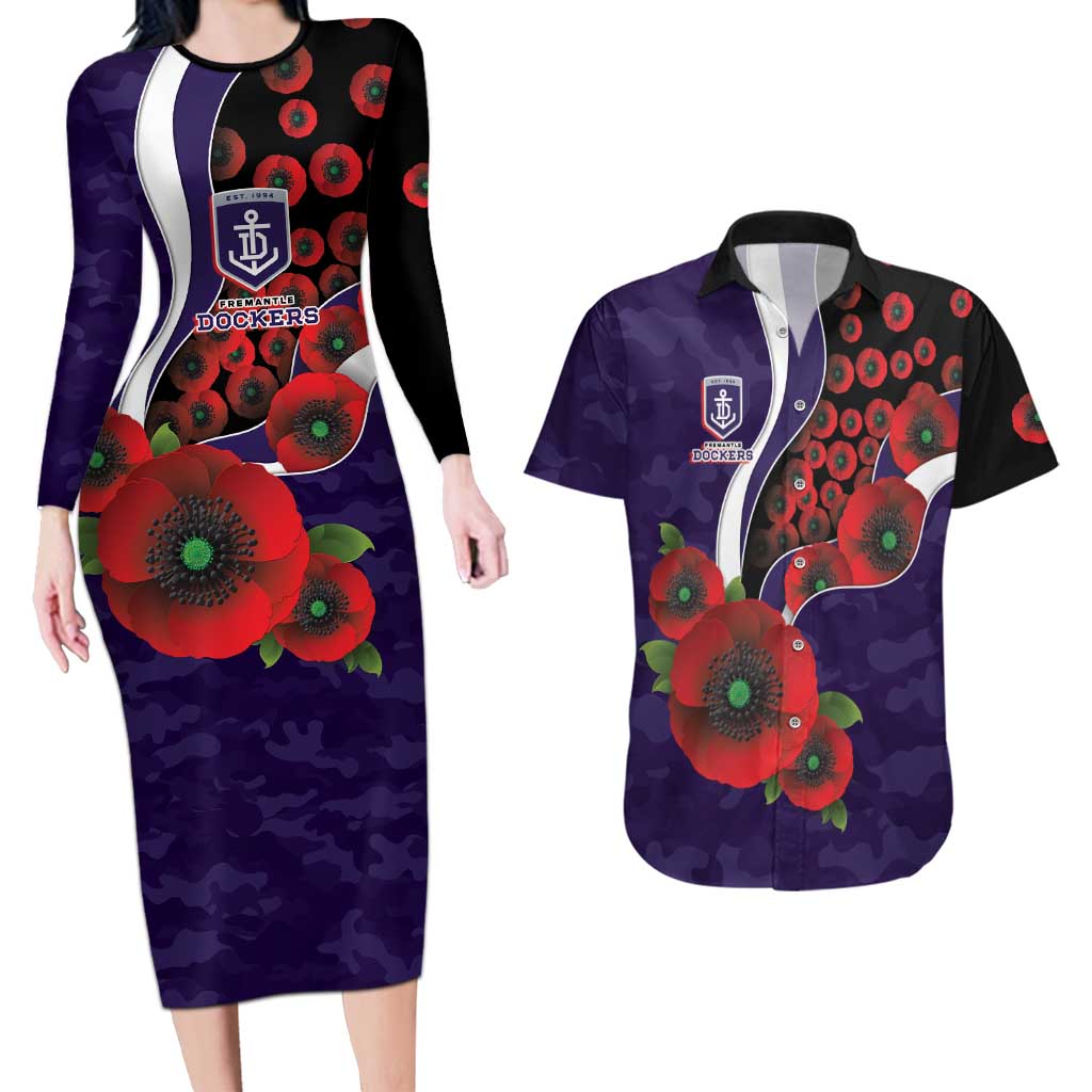 Fremantle Dockers ANZAC Personalised Couples Matching Long Sleeve Bodycon Dress and Hawaiian Shirt Lest We Forget Poppy Camo