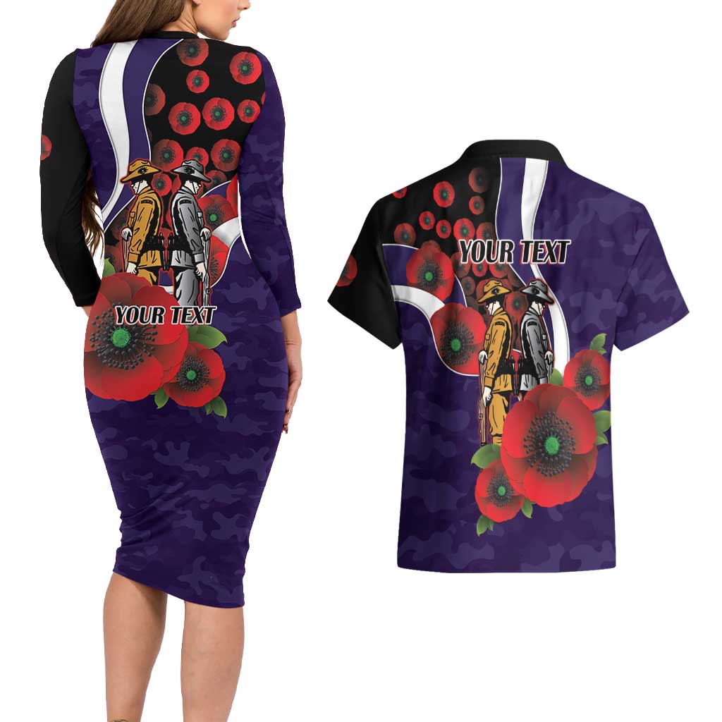 Fremantle Dockers ANZAC Personalised Couples Matching Long Sleeve Bodycon Dress and Hawaiian Shirt Lest We Forget Poppy Camo