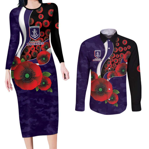 Fremantle Dockers ANZAC Personalised Couples Matching Long Sleeve Bodycon Dress and Long Sleeve Button Shirt Lest We Forget Poppy Camo