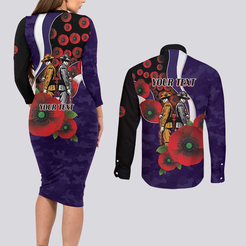 Fremantle Dockers ANZAC Personalised Couples Matching Long Sleeve Bodycon Dress and Long Sleeve Button Shirt Lest We Forget Poppy Camo