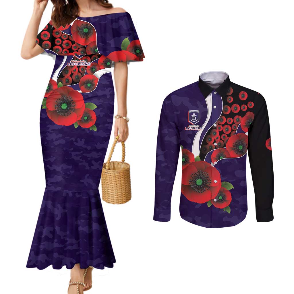 Fremantle Dockers ANZAC Personalised Couples Matching Mermaid Dress and Long Sleeve Button Shirt Lest We Forget Poppy Camo