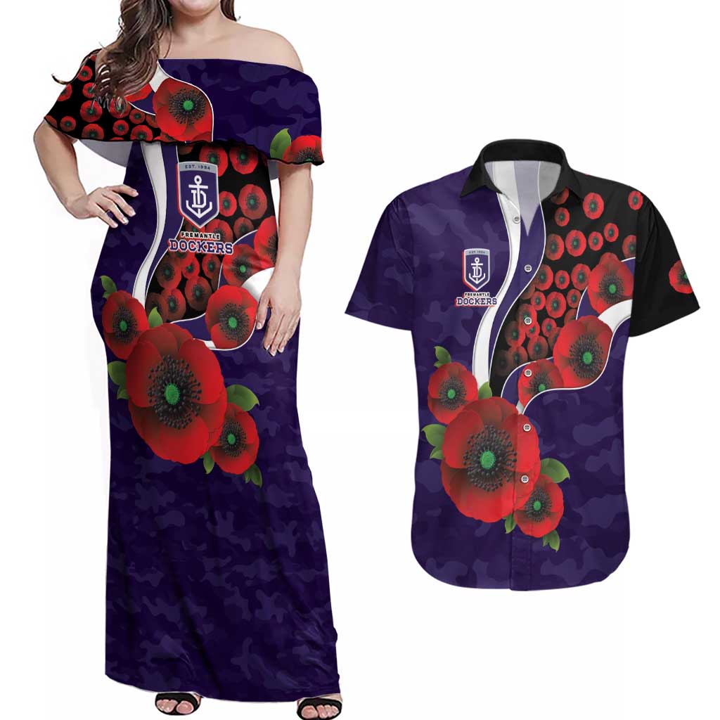 Fremantle Dockers ANZAC Personalised Couples Matching Off Shoulder Maxi Dress and Hawaiian Shirt Lest We Forget Poppy Camo