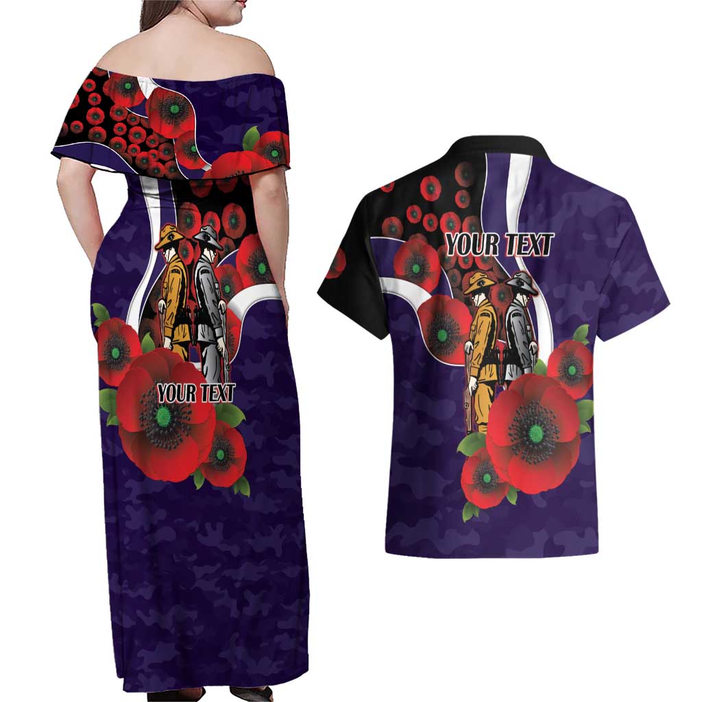 Fremantle Dockers ANZAC Personalised Couples Matching Off Shoulder Maxi Dress and Hawaiian Shirt Lest We Forget Poppy Camo