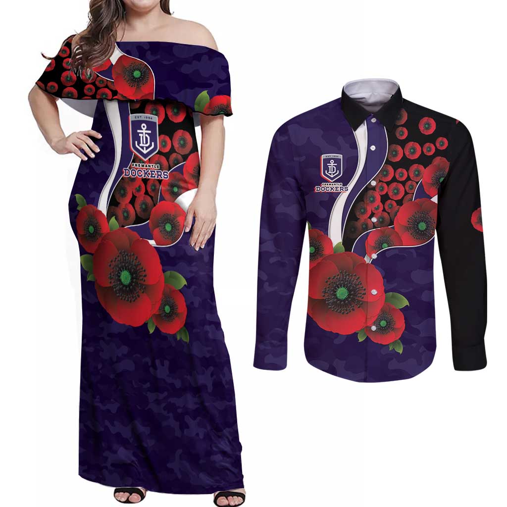 Fremantle Dockers ANZAC Personalised Couples Matching Off Shoulder Maxi Dress and Long Sleeve Button Shirt Lest We Forget Poppy Camo