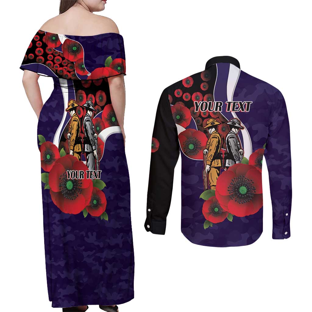 Fremantle Dockers ANZAC Personalised Couples Matching Off Shoulder Maxi Dress and Long Sleeve Button Shirt Lest We Forget Poppy Camo