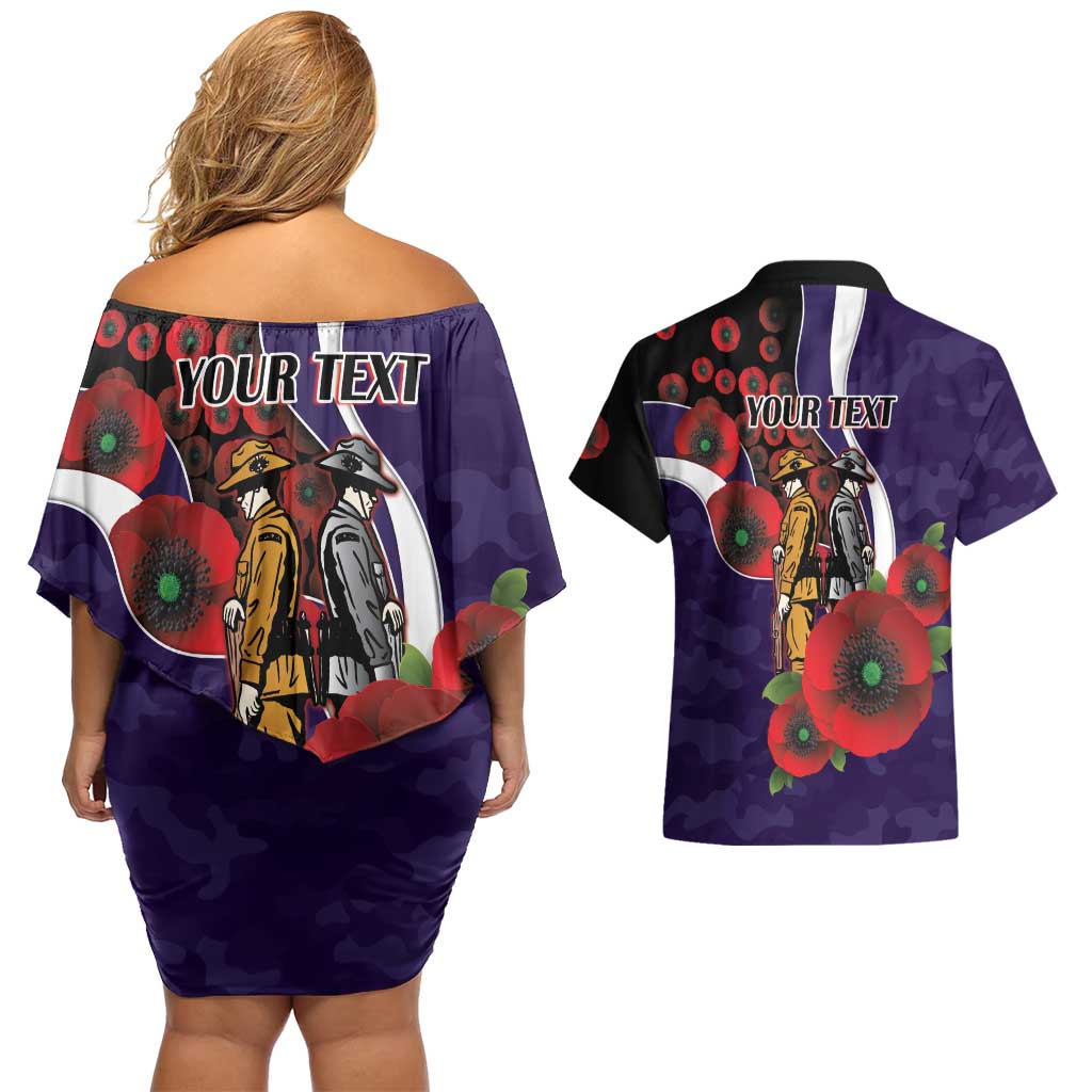 Fremantle Dockers ANZAC Personalised Couples Matching Off Shoulder Short Dress and Hawaiian Shirt Lest We Forget Poppy Camo