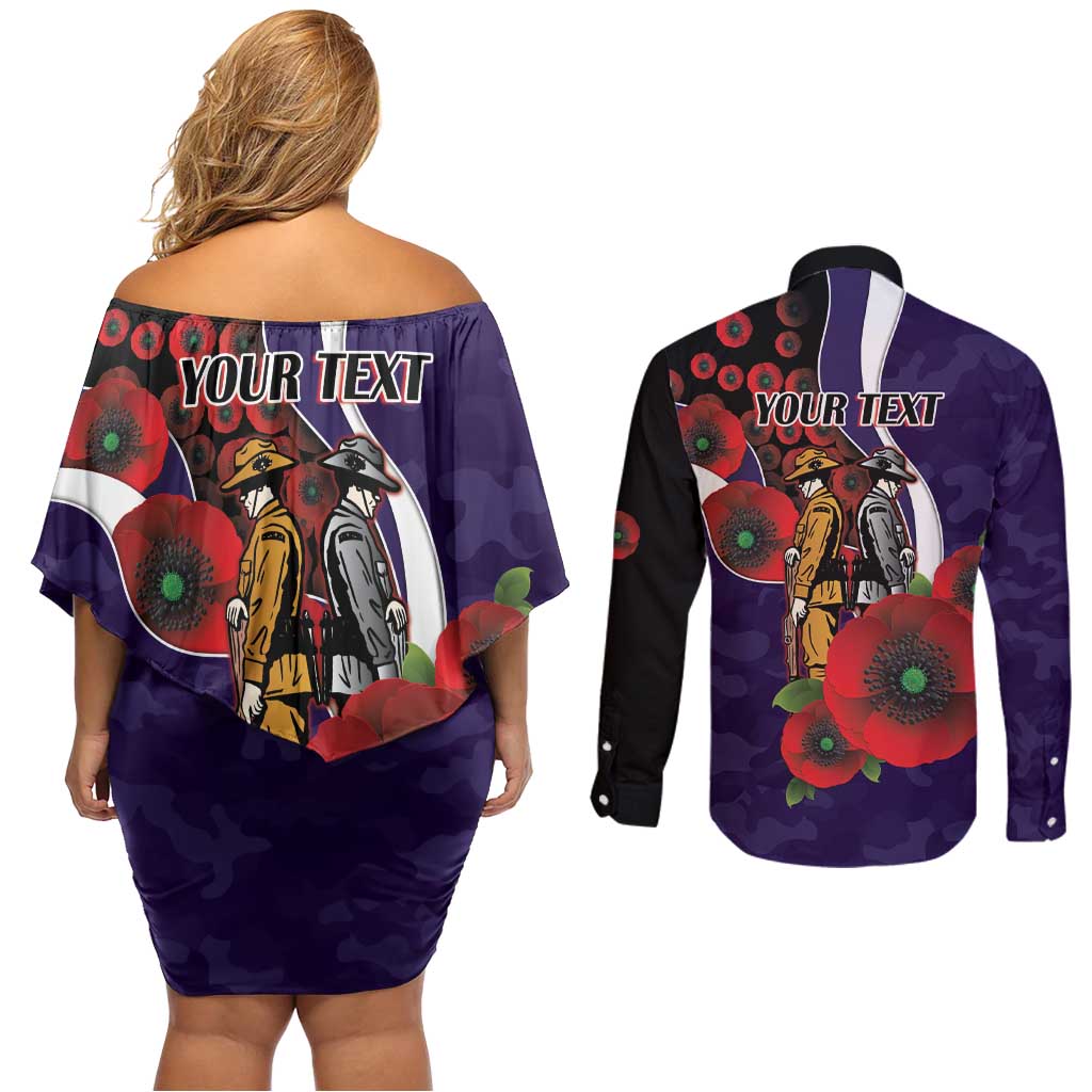 Fremantle Dockers ANZAC Personalised Couples Matching Off Shoulder Short Dress and Long Sleeve Button Shirt Lest We Forget Poppy Camo