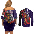 Fremantle Dockers ANZAC Personalised Couples Matching Off Shoulder Short Dress and Long Sleeve Button Shirt Lest We Forget Poppy Camo