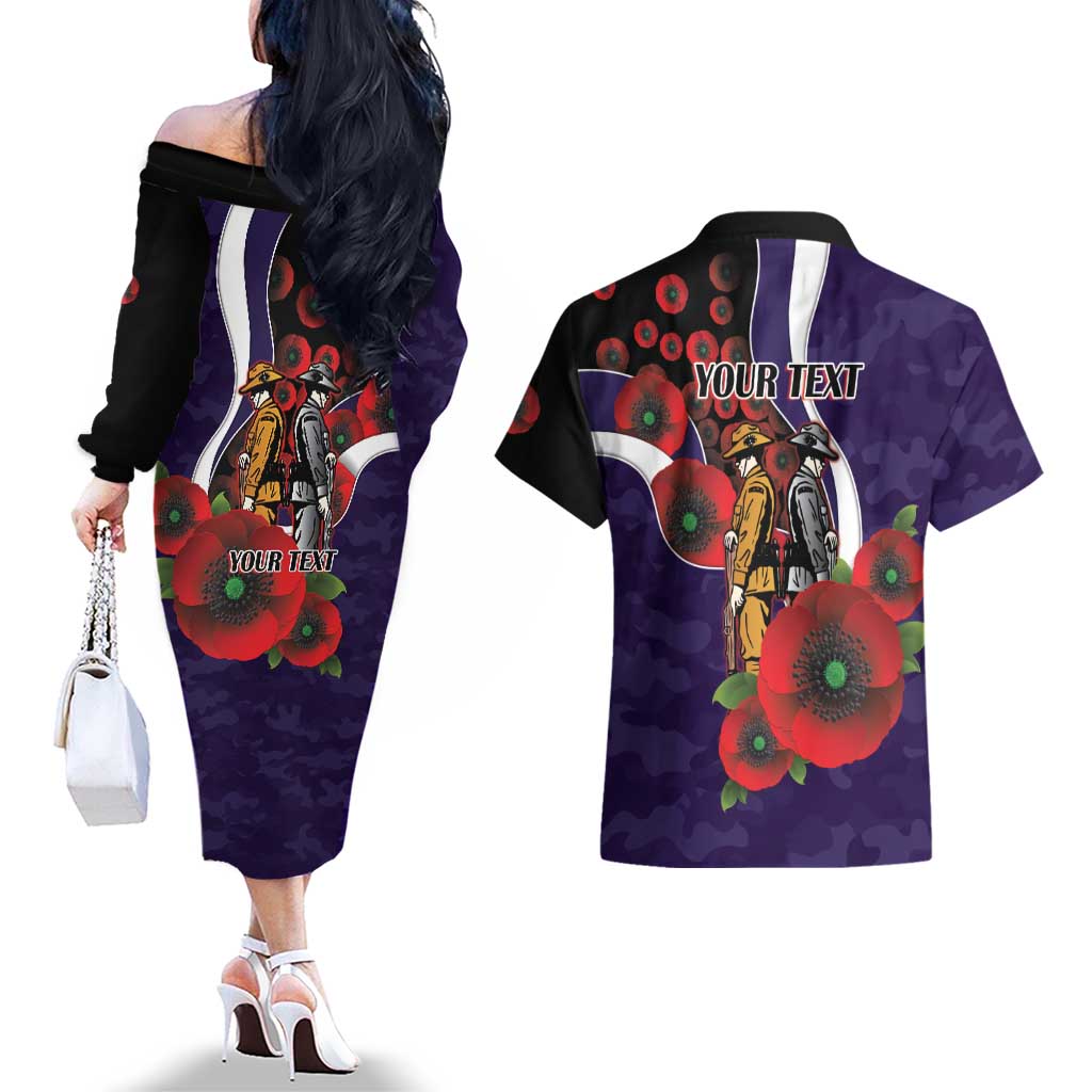 Fremantle Dockers ANZAC Personalised Couples Matching Off The Shoulder Long Sleeve Dress and Hawaiian Shirt Lest We Forget Poppy Camo