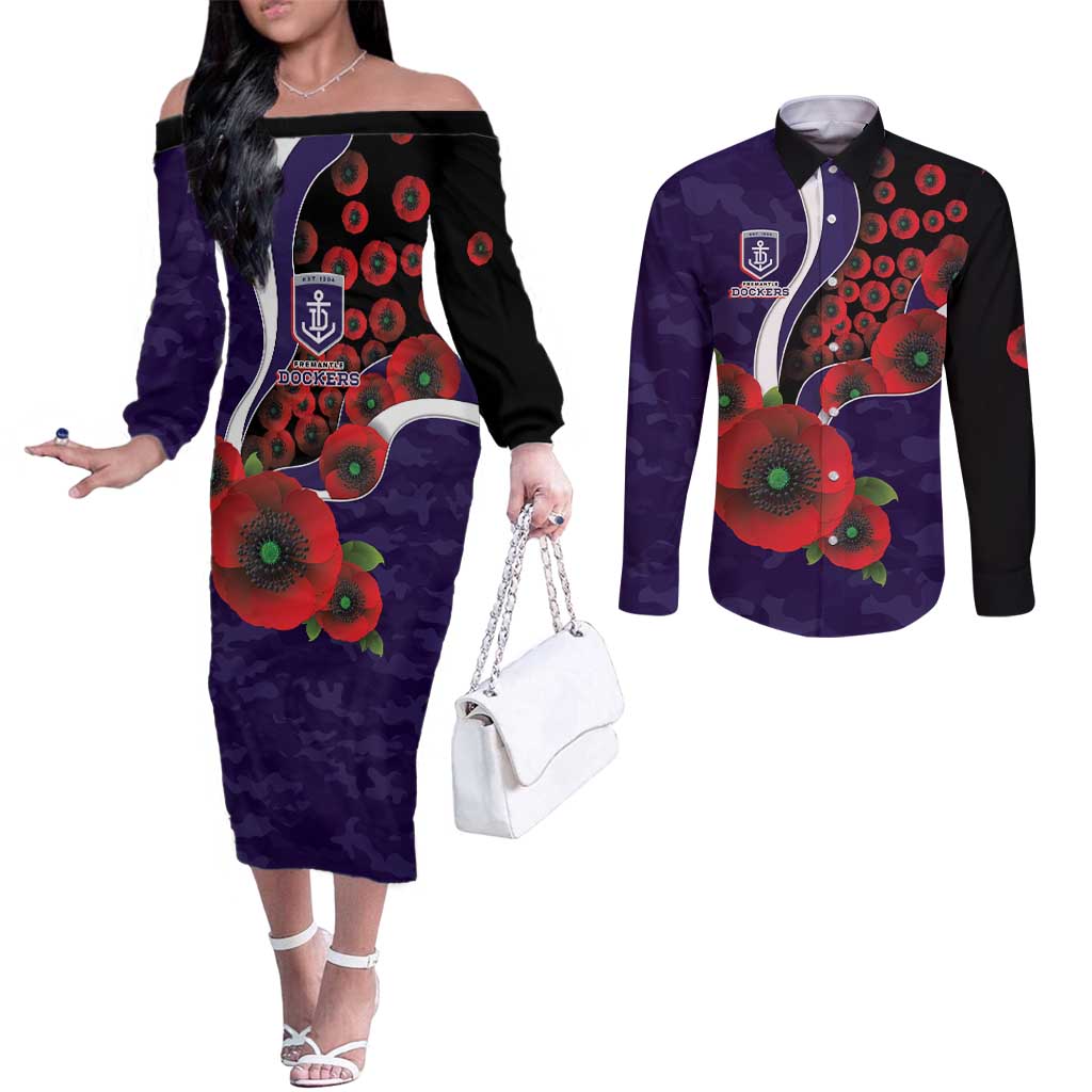 Fremantle Dockers ANZAC Personalised Couples Matching Off The Shoulder Long Sleeve Dress and Long Sleeve Button Shirt Lest We Forget Poppy Camo